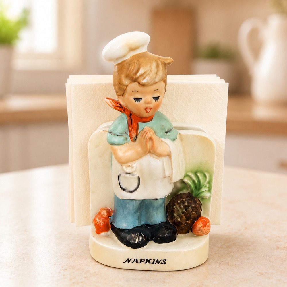 Vintage Erich Stauffer Napkin Holder Chef Boy Figurine Arnart Japan Praying MCM